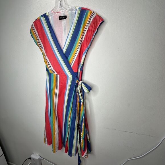 Modcloth Liza Luxe Multi-Color Stripe VNeck Sleeveless Tie Wrap Midi Dress XS - Picture 3 of 14